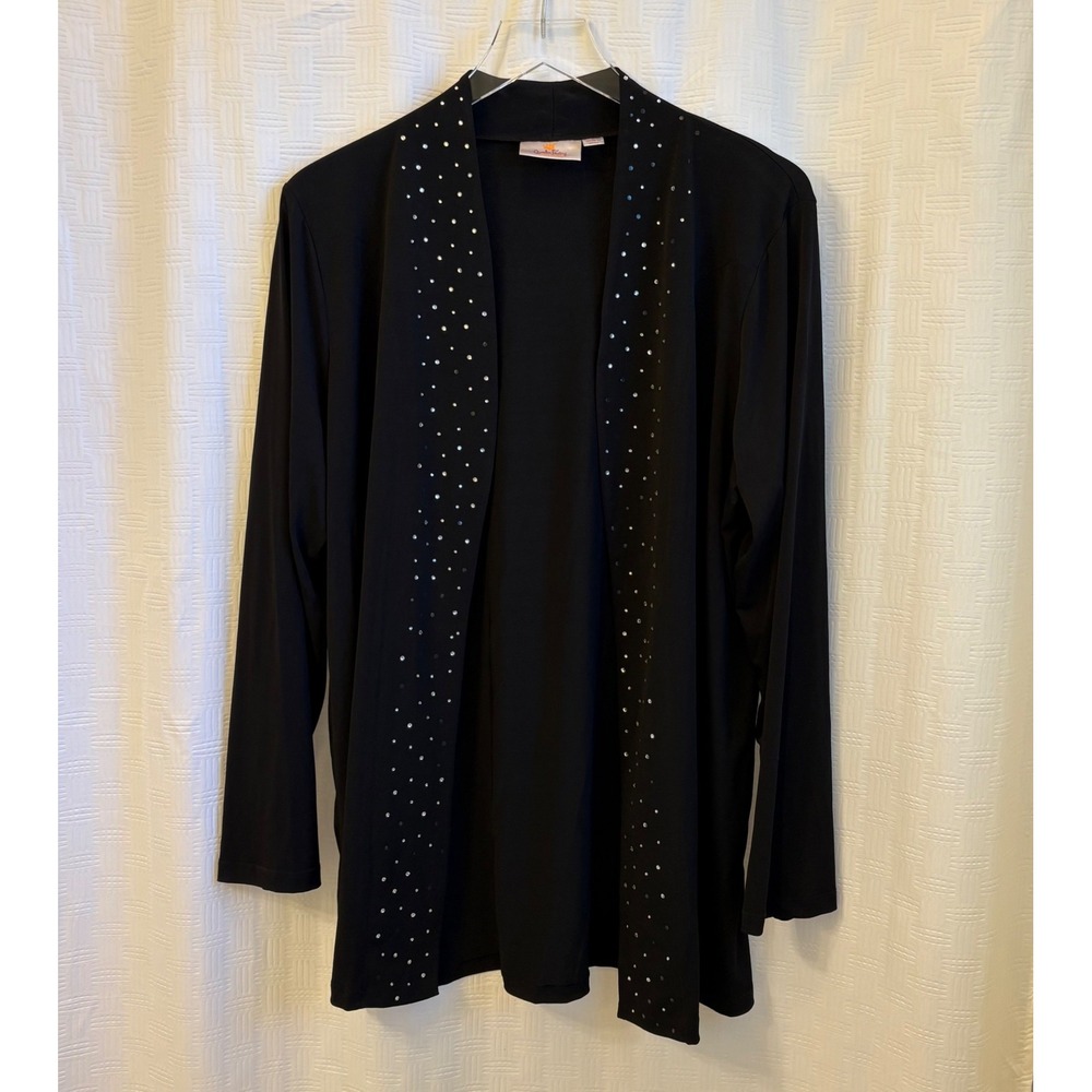 Quacker Factory Black Rhinestone Trim Open Front Cardigan Sweater Womens Large